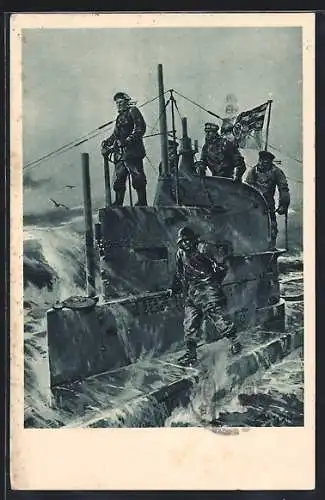 Künstler-AK Willy Stoewer: Auf dem Kommandoturm eines U-Bootes bei Nacht