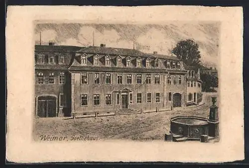 Künstler-AK Weimar / Thüringen, Goethehaus mit Brunnen