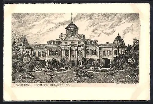Künstler-AK Weimar / Thüringen, Schloss Belvedere mit Gartenanlage