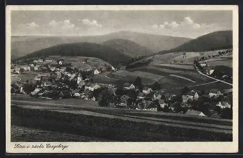 AK Sosa i. sächs. Erzgebirge, Ortsansicht mit Bergpanorama
