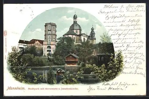 AK Mannheim, Stadtpark mit Sternwarte und Jesuitenkirche