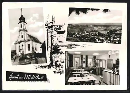 AK Michelau / Hassfurt, Gasthaus Robert Zinser, Kirche, Panorama