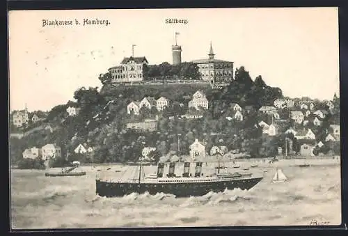Künstler-AK Hamburg-Blankenese, Blick zum Süllberg und Dampfer