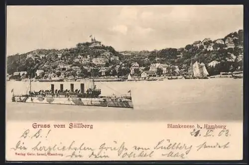 AK Blankenese bei Hamburg, Gruss vom Süllberg, Fotomontage mit einem Kriegsschiff