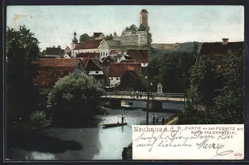 AK Neuhaus a. d. P., Partie an der Pegnitz mit Burg Veldenstein