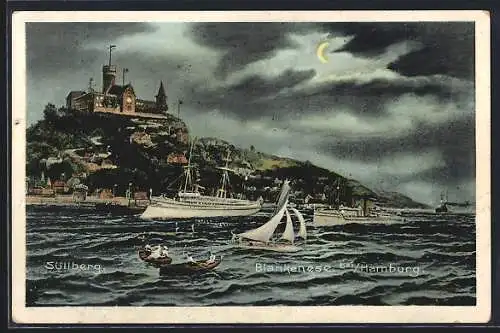 Künstler-AK Blankenese bei Hamburg, Süllberg bei Nacht mit Kriegsschiffen