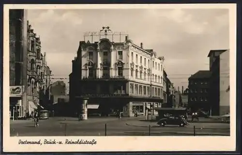 AK Dortmund, Brück- u. Reinoldistrasse mit Automobilen