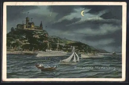Künstler-AK Blankenese bei Hamburg, Süllberg mit Kriegsschiffen bei Nacht