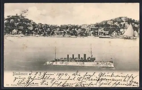 AK Hamburg-Blankenese, Ortsansicht mit Elbe und Kriegsschiff