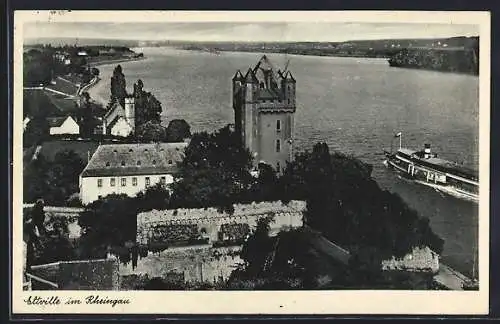 AK Eltville im Rheingau, Ortsansicht mit Burgturm und Dampfer