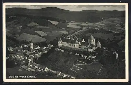 AK Wörth a. Donau, Ortsansicht mit Kirche und Burg aus der Vogelschau