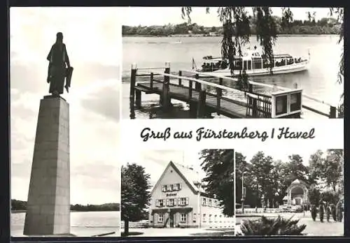 AK Fürstenberg /Havel, Ortsansichten mit Denkmal, Postamt und Ausflugsschiff