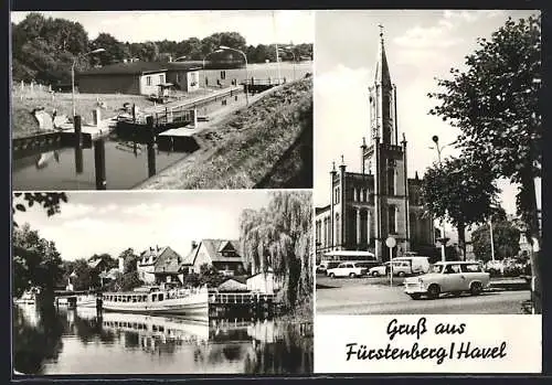 AK Fürstenberg /Havel, Ortsansichten mit Kirche und Schleuse