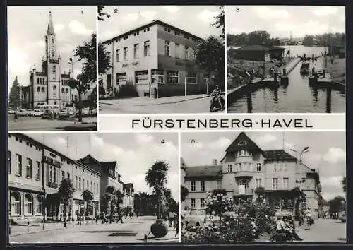 AK Fürstenberg /Havel, Ortsansichten mit Kirche, HO-Gaststätte Ratscafe, HO-Hotel Mecklenburger Hof, Rathaus
