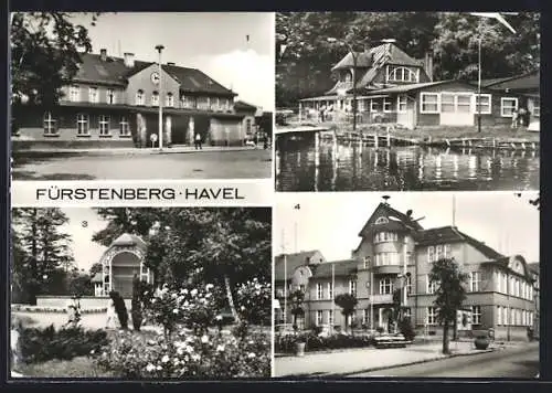 AK Fürstenberg /Havel, Ortsansicht mit Bahnhof, Gaststätte Anglerheim am Schwerdtsee, Rathaus
