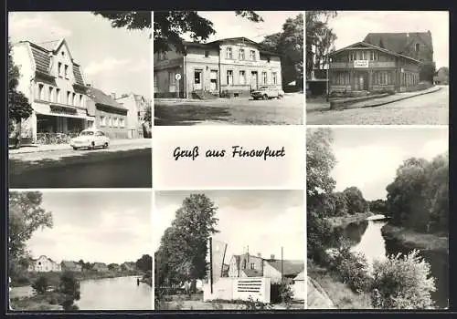 AK Finowfurt, Ortsansichten mit Kaufhaus, Hirsch-Apotheke, Gedenkstätte