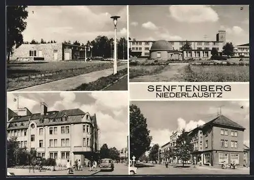AK Senftenberg /Niederlausitz, HO-Kaufhaus Magnet, Bahnhofstrasse und HO-Gaststätte Stadtcafe, Volksschwimmbad