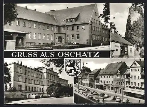 AK Oschatz, Ortsansichten, Postamt, Erweiterte Oberschule, Stadtmuseum