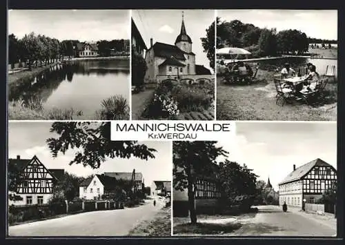 AK Mannichswalde /Kr. Werdau, Ortsansichten, Kirche, Strassenpartien