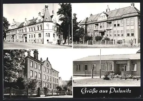 AK Pulsnitz, Ortsansichten, Kulturhaus, Krankenhaus, Ernst-Rietscher-Oberschule