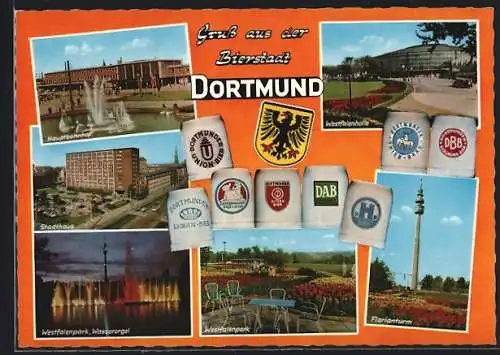 AK Dortmund, Ortsansichten, Hauptbahnhof, Westfalenhalle, Florianturm, Bierkrüge