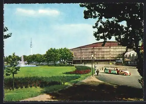 AK Dortmund, Fernsehturm und Westfalenhalle, Mini-Automobilzug Kässbohrer-Porschelok