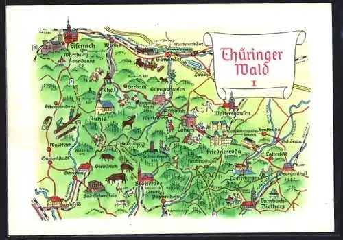 AK Tabarz /Thüringer Wald, topographische Karte von Eisenach bis Tambach-Dietharz