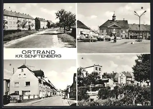 AK Ortrand /Senftenberg, Bahnhofstrasse, Platz der Thälmann-Pioniere, Altmarkt und Rathaus