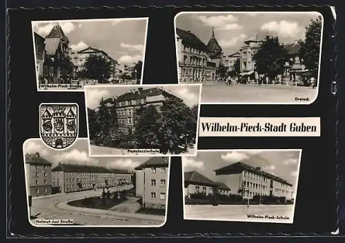 AK Guben, Wilhelm-Pieck-Schule, Helmut-Just-Strasse und Wappen