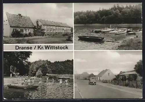 AK Dranse /Wittstock, Wohnblock und Tierpraxis, Dorfstrasse, Bootshafen und Badestelle