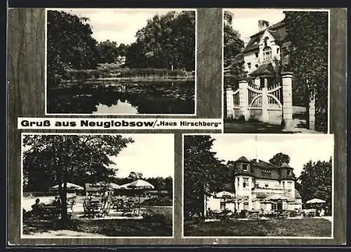 AK Neuglobsow, Uferpartie mit Haus Hirschberg, Terrasse u. Eingangstor