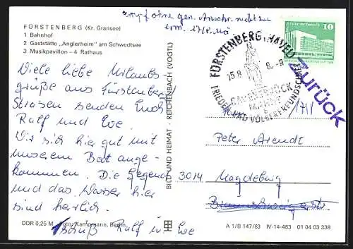 AK Fürstenberg /Havel, Gaststätte Anglerheim, Rathaus, Bahnhof