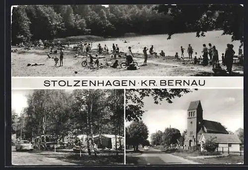 AK Stolzenhagen / Bernau, Blick auf die Kirche, Campingplatz, Strandpartie