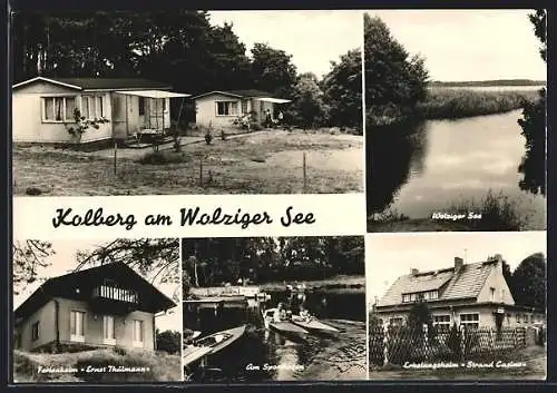 AK Kolberg / Mark, Wolziger See, Ferienheim Ernst Thälmann, Erholungsheim Strand Casino, Sporthafen