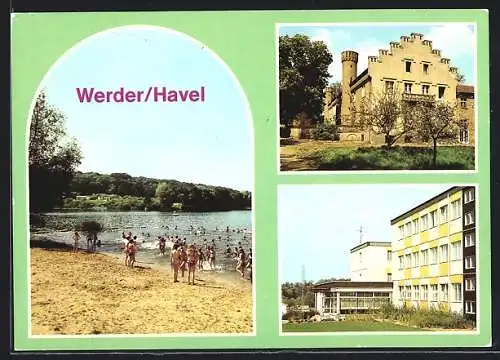 AK Werder / Havel, Badestelle des Pionierlagers Tschoibalsan am Glindower See, Schloss Petzow und Jugendtouristenhotel
