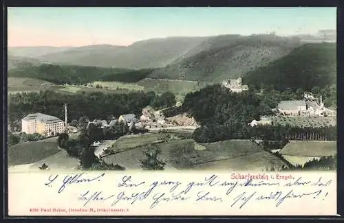 AK Scharfenstein / Erzgeb., Ortsansicht mit Fabrik