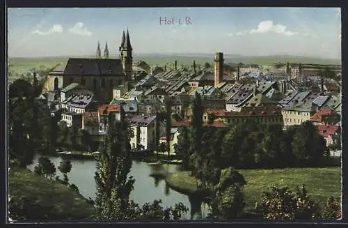 AK Hof i. B., Ortsansicht mit Wasserpartie