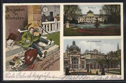 AK Wiesbaden, Kurhaus, Kochbrunnen, Mann am Bahnhof fällt Treppen runter