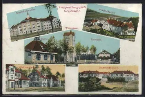 AK Grafenwöhr, Truppenübungsplatz, Militär-Gasthof, Wache mit Wasserturm und Forsthaus, Arbeitskommando