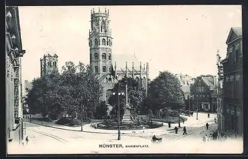 AK Münster / Westfalen, Marienplatz mit Kirche und Strassenbahngleisen