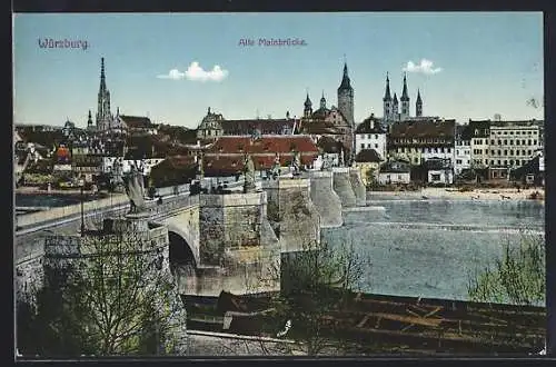 AK Würzburg, Alte Mainbrücke mit Stadtblick