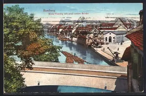 AK Bamberg, Klein-Venedig mit neuer unterer Brücke, Holzflözer auf dem Fluss