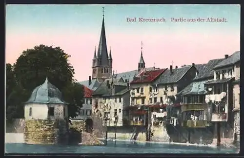 AK Bad Kreuznach, Partie aus der Altstadt mit Kirche