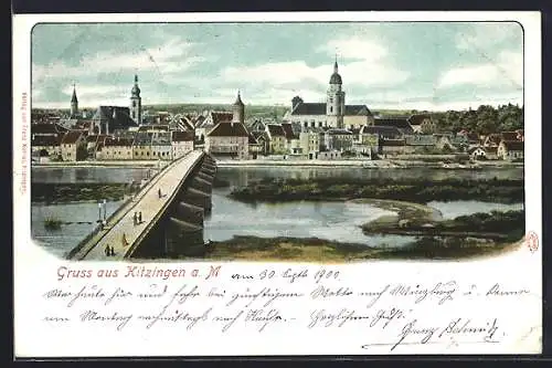 Lithographie Kitzingen a.M., Teilansicht mit Brücke