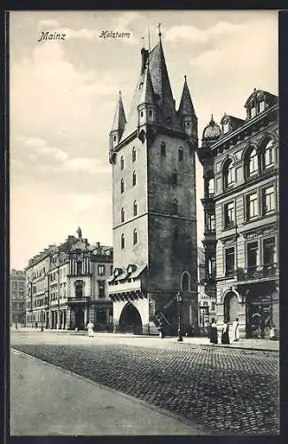 AK Mainz, Holzturm mit Strassenpartie