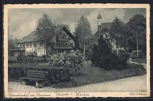 AK Unterschondorf am Ammersee, Gasthof zur Post, Wilhelm Leibl-Haus und historische Kirche