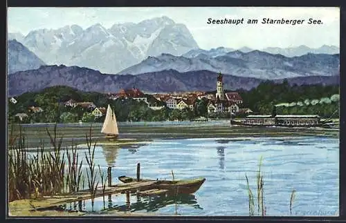 Künstler-AK Seeshaupt, Ortspanorama mit Bergen, Steg am Starnberger See, Dampfer