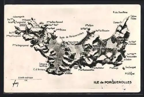AK Porquerolles, Carte détaillée de l`île avec toponymie complète