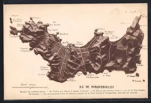 AK Porquerolles, Carte illustrée avec chemins et points d`intérêt