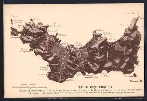 AK Porquerolles, Carte de l`île avec routes et points d`intérêt